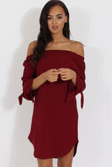 Wine Bardot Tie Cuffs Dress - Whitney-Dresses