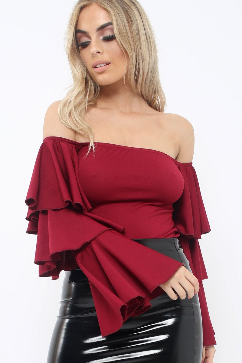 Wine Bardot Top with Frill Sleeves - Brigid-Tops