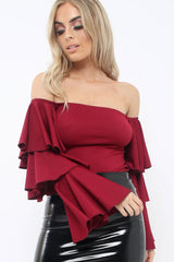 Wine Bardot Top with Frill Sleeves - Brigid-Tops