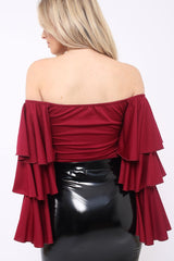 Wine Bardot Top with Frill Sleeves - Brigid-Tops