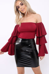 Wine Bardot Top with Frill Sleeves - Brigid-Tops