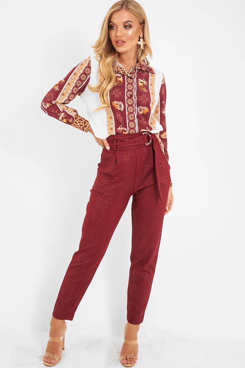 Wine Belted Croc Print Tapered Trousers - Aasia-Trousers