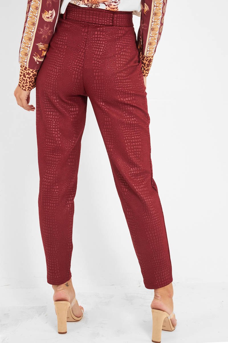 Wine Belted Croc Print Tapered Trousers - Aasia-Trousers