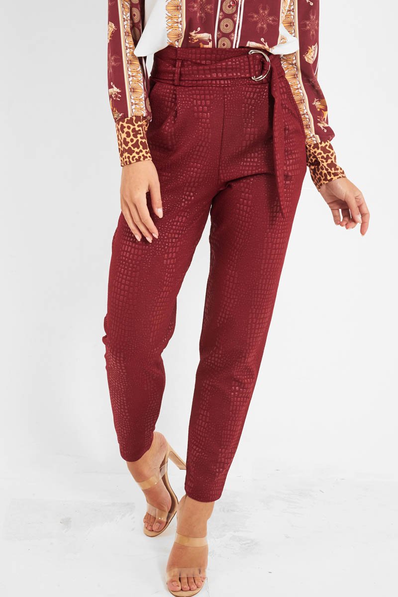 Wine Belted Croc Print Tapered Trousers - Aasia-Trousers