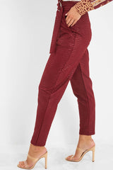 Wine Belted Croc Print Tapered Trousers - Aasia-Trousers