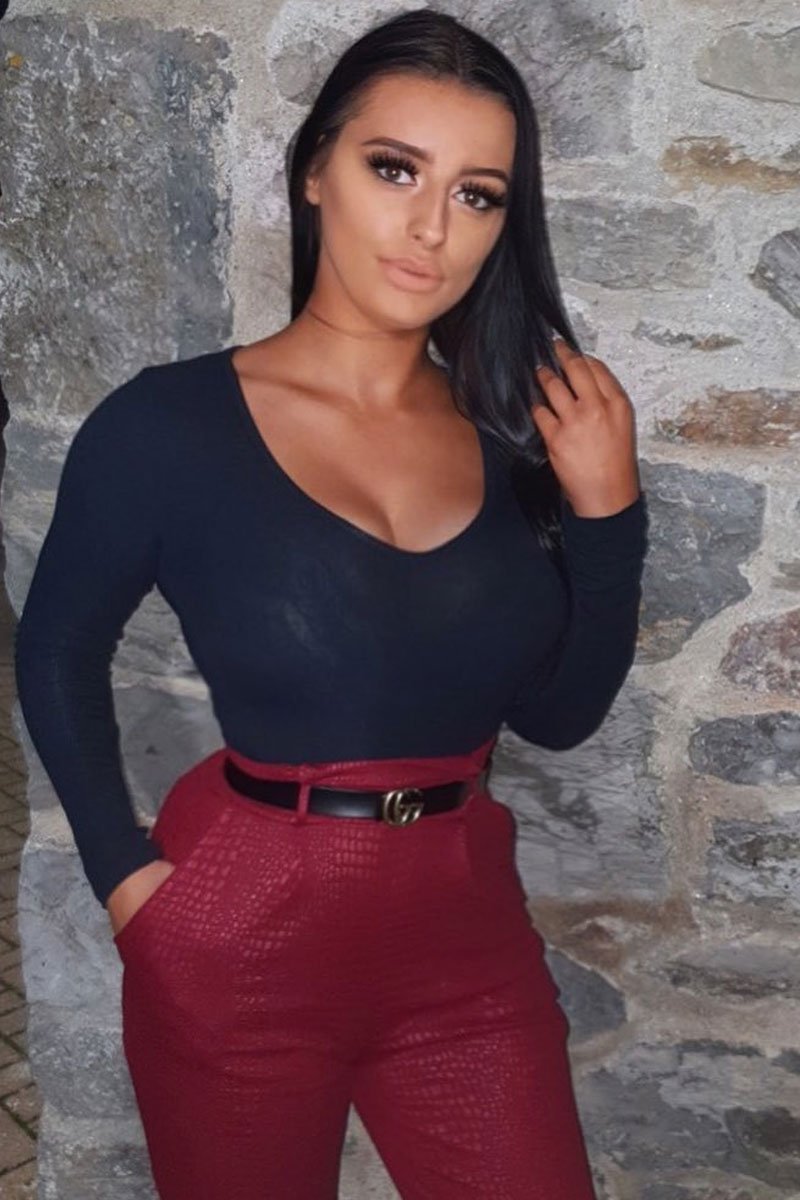 Wine Belted Croc Print Tapered Trousers - Aasia-Trousers