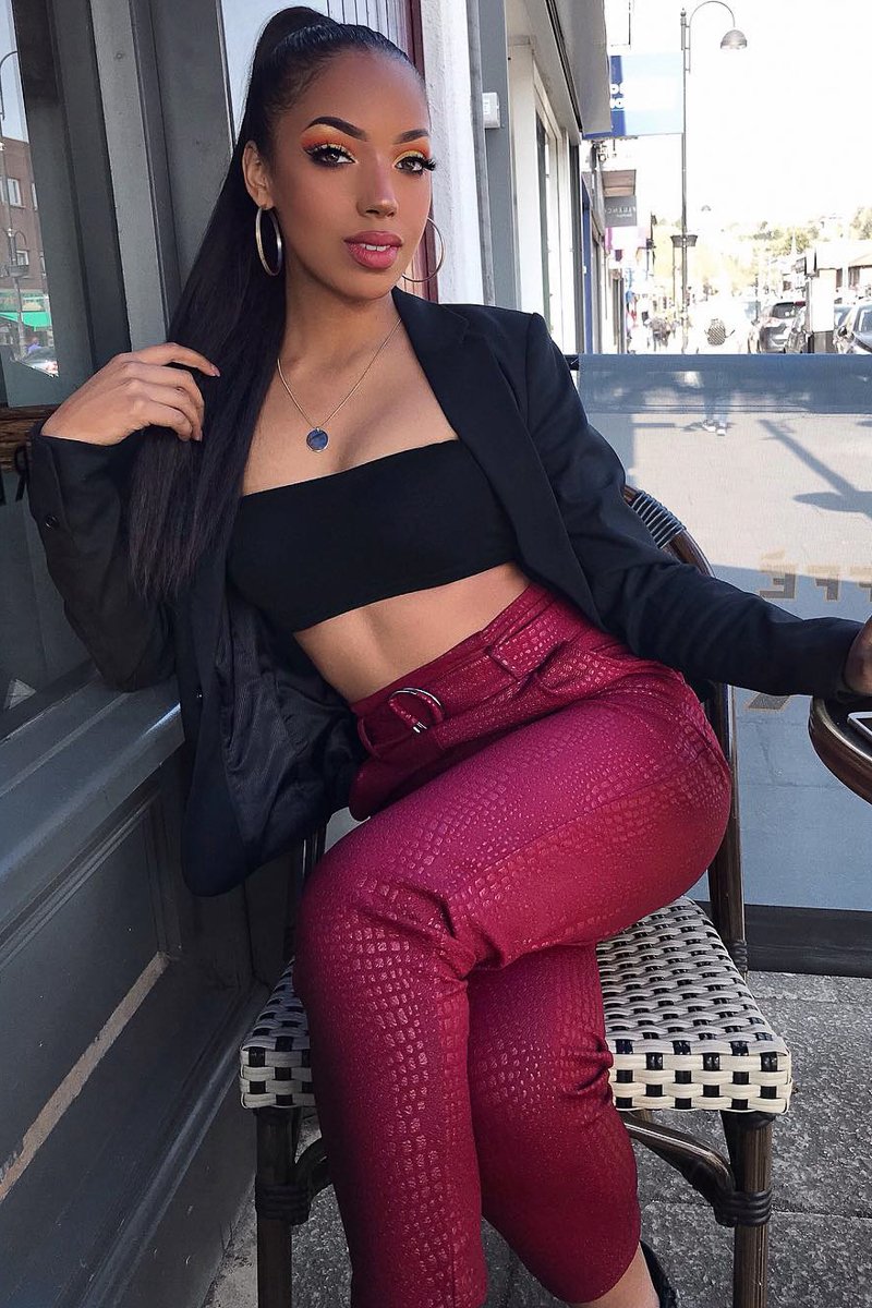 Wine Belted Croc Print Tapered Trousers - Aasia-Trousers