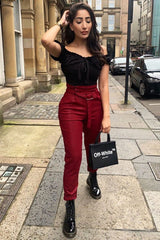 Wine Belted Croc Print Tapered Trousers - Aasia-Trousers