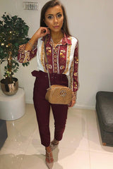 Wine Belted Tapered Peg Trousers - Jessika-Trousers