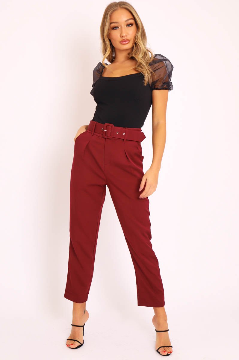 Wine Belted Tapered Peg Trousers - Jessika-Trousers