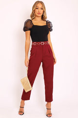 Wine Belted Tapered Peg Trousers - Jessika-Trousers