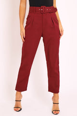 Wine Belted Tapered Peg Trousers - Jessika-Trousers