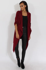 Wine Belted Waterfall Duster Jacket - Aisla-Jackets