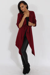 Wine Belted Waterfall Duster Jacket - Aisla-Jackets
