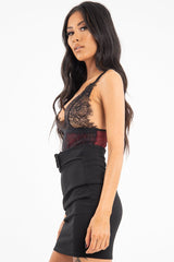 Wine Black Sheer Lace Plunge Bodysuit - Aneya-Bodysuits