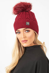 Wine Cable Knit Bobble Hat - Lillyona-Hats