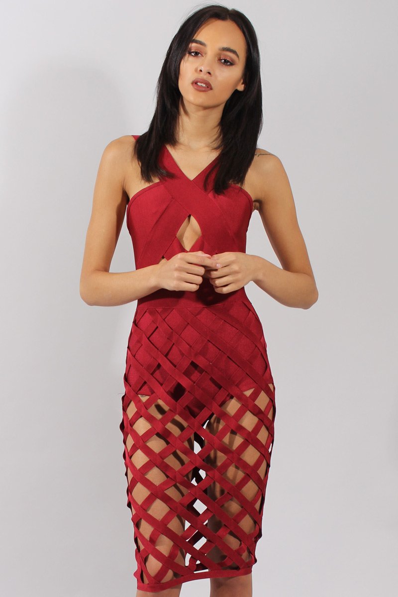 Wine Cage Bandage Dress - Amra-Dresses