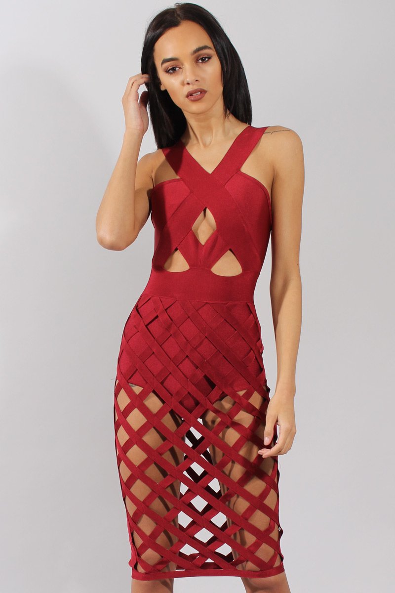 Wine Cage Bandage Dress - Amra-Dresses