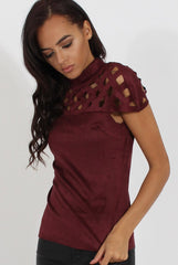 Wine Cage High Neck Suede Top - Lizzie-Tops