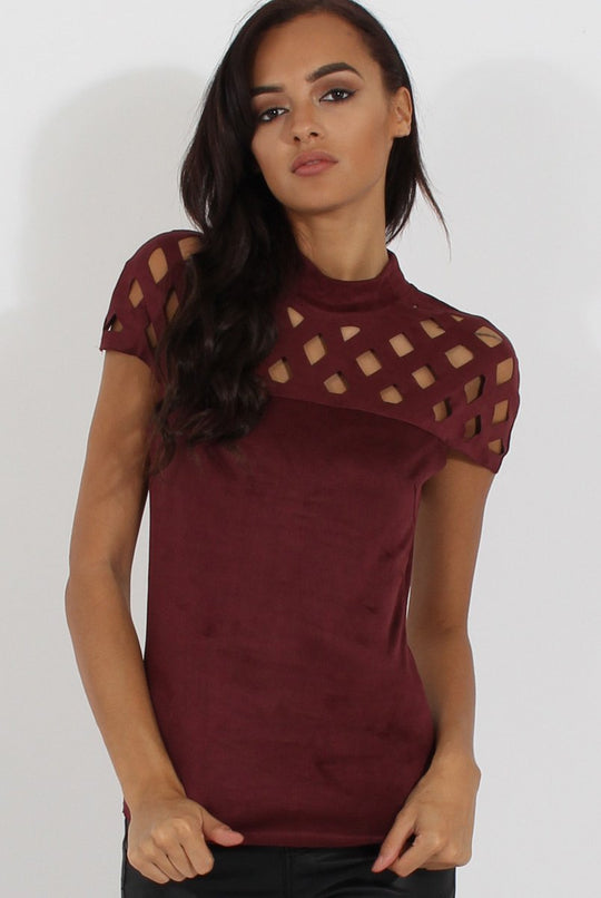 Wine Cage High Neck Suede Top - Lizzie