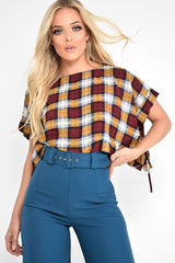 Wine Check Tie Side Crop Top - Brieann-Tops