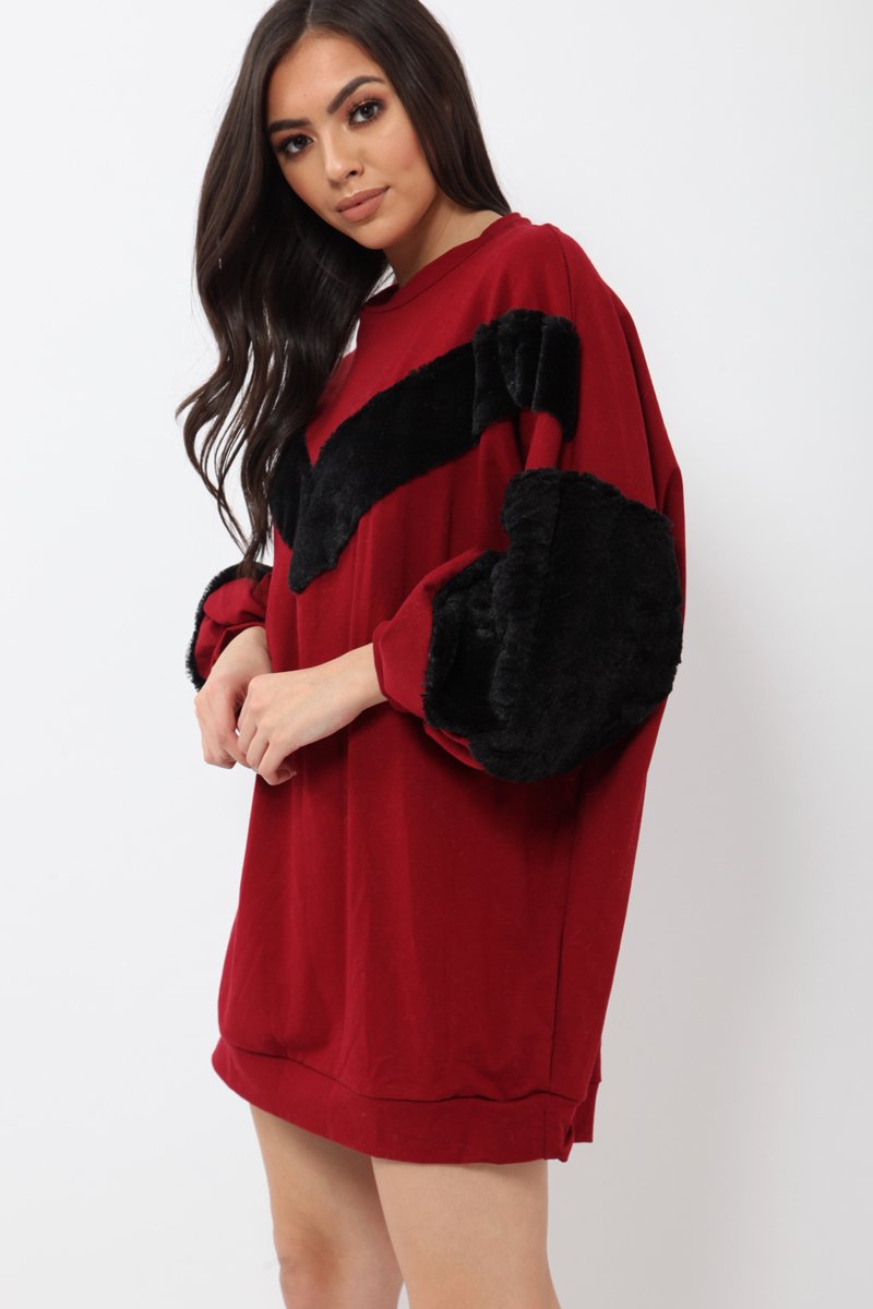 Wine Chevron Fur Jumper Dress - Esme-Dresses