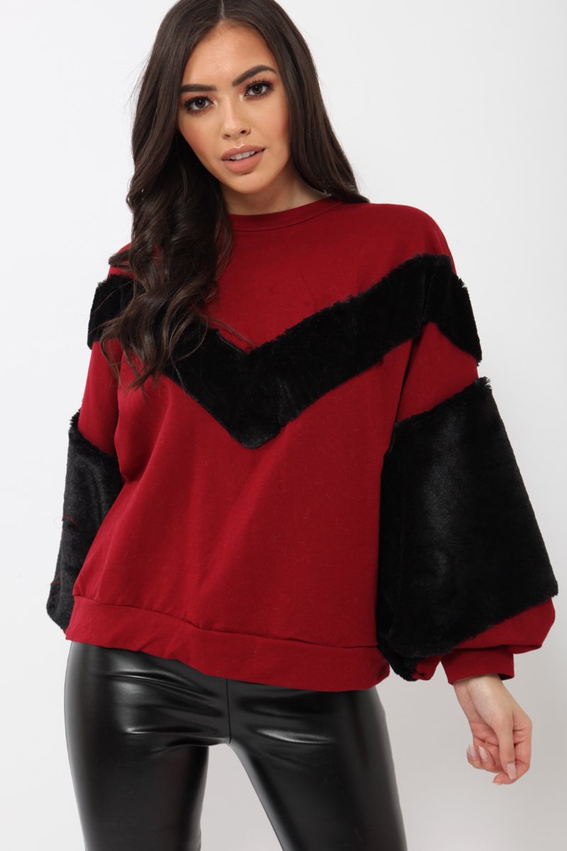 Wine Chevron Fur Jumper - Lara-Tops