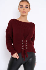 Wine Chunky Knit Corset Waist Knitted Jumper - Mikayla-Jumper