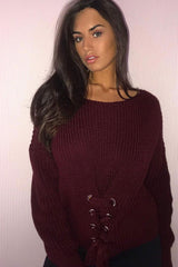 Wine Chunky Knit Corset Waist Knitted Jumper - Mikayla-Jumper