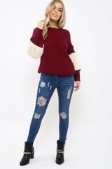 Wine Chunky Knit Fur Sleeve Jumper - Kimberly-Knitwear