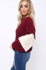 Wine Chunky Knit Fur Sleeve Jumper - Kimberly-Knitwear