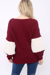 Wine Chunky Knit Fur Sleeve Jumper - Kimberly-Knitwear