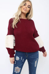 Wine Chunky Knit Fur Sleeve Jumper - Kimberly-Knitwear