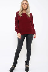 Wine Chunky Knit Lace Up Sleeve Jumper - Sarah-Knitwear