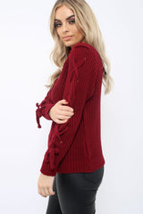 Wine Chunky Knit Lace Up Sleeve Jumper - Sarah-Knitwear