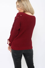 Wine Chunky Knit Lace Up Sleeve Jumper - Sarah-Knitwear