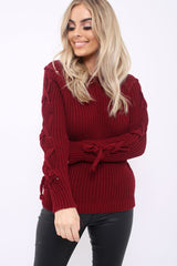 Wine Chunky Knit Lace Up Sleeve Jumper - Sarah-Knitwear