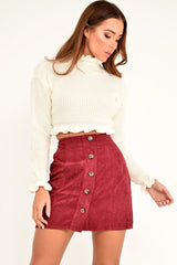 Wine Corduroy Button Front Mini Skirt - Elcie-Skirts