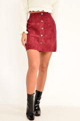 Wine Corduroy Button Front Mini Skirt - Elcie-Skirts