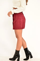 Wine Corduroy Button Front Mini Skirt - Elcie-Skirts