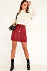 Wine Corduroy Button Front Mini Skirt - Elcie-Skirts