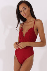 Wine Crochet Cross Back Bodysuit - Crecia-Bodysuits