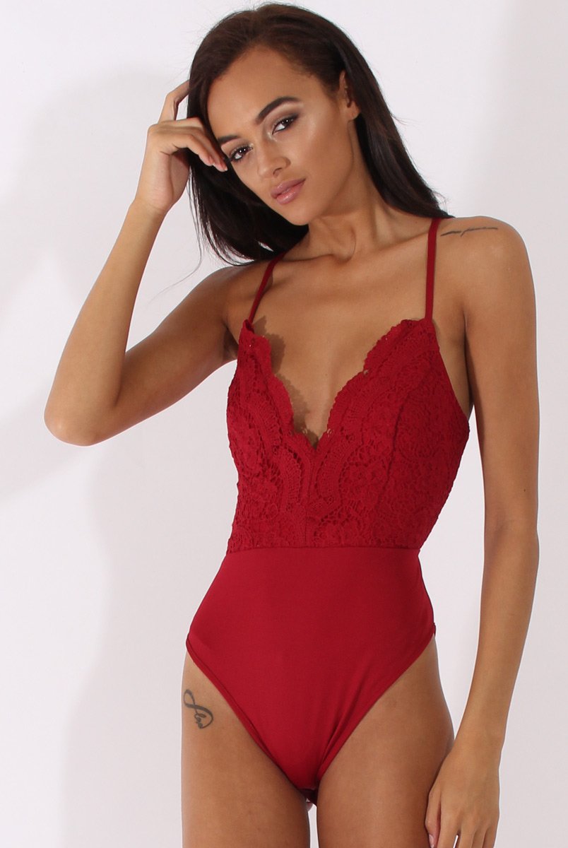 Wine Crochet Cross Back Bodysuit - Crecia-Bodysuits