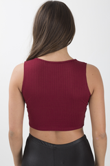 Wine Cropped Ribbed Lace Up Top - Amelia-Tops