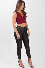 Wine Cropped Ribbed Lace Up Top - Amelia-Tops