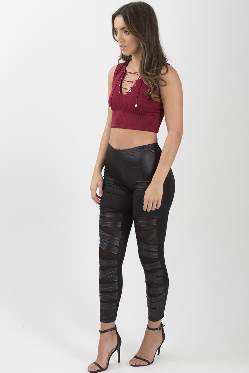 Wine Cropped Ribbed Lace Up Top - Amelia-Tops