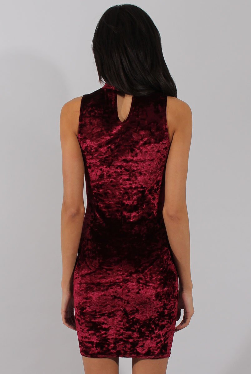 Wine Crushed Velvet Choker Dress - Serina-Dresses