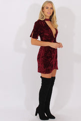 Wine Crushed Velvet Choker Plunge Dress - Sonia-Dresses