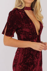 Wine Crushed Velvet Choker Plunge Dress - Sonia-Dresses