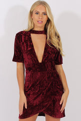 Wine Crushed Velvet Choker Plunge Dress - Sonia-Dresses